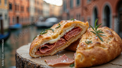 Focaccia rellena de jamón y queso con romero servido junto a un canal en Venecia.