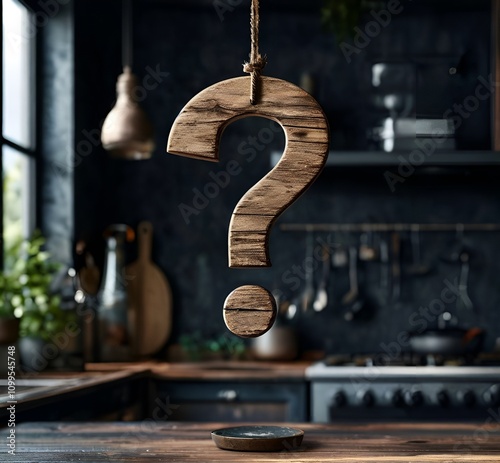 A suspended wooden question mark in the kitchen