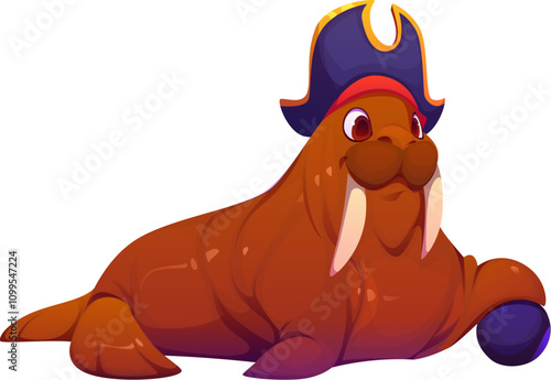 Cartoon funny walrus sea animal pirate character, corsair seaman with cannon ball. Isolated vector morse filibuster boatswain personage ready for boarding ships and robber loot with its sharp tusks