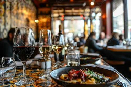 Restaurant table, wine glasses, food, blurred background.