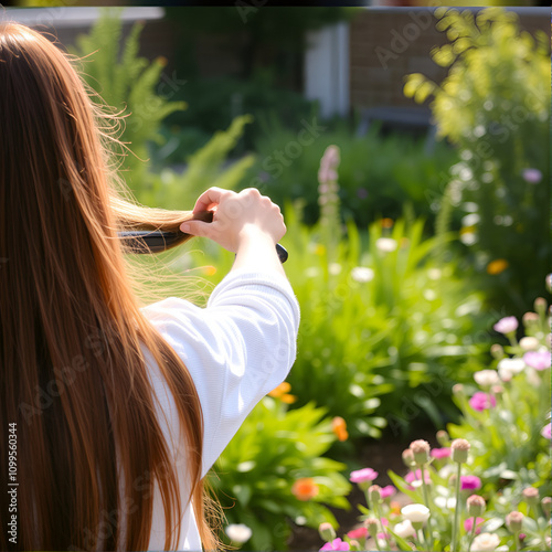 Girl straightens her long hair in a green garden in the summer