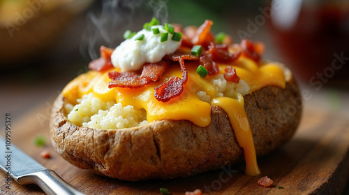 Papa al horno rellena de queso, tocino y crema agria.