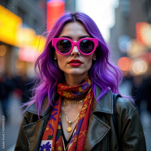 Stylish young woman stands confidently in urban setting. Bold vibrant colors highlight urban fashion. Expressive fashion statement in modern fashion. Trendy individualist in trendy fashion concept.