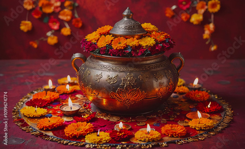 Large gold pot with orange flowers and candles on a red table. The pot is filled with flowers and has a lid on top