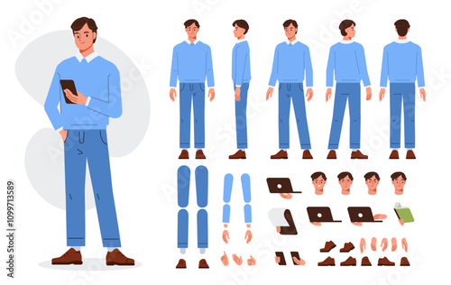 Business man character constructor for animation. Front, side and back view set. Body parts, postures, poses collection. Vector illustration.