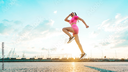 Fit woman exercising outside - Athletic young female doing fitness workout on city street - Sport life style concept with active girl jogging outdoors