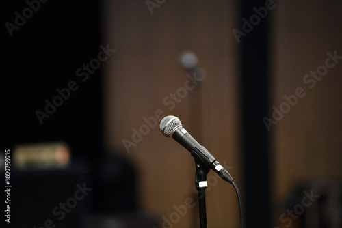 Microphone on the empty stage. Live music entertainment industry