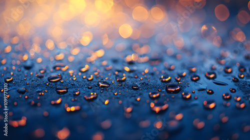 Nahaufnahme von Wassertropfen auf einer Oberfläche mit goldenem Lichtspiel