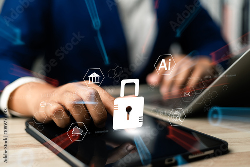 Global network security, Businesspeople safeguard personal data with encryption technology, Cybersecurity and data protection secure financial transactions online,Safeguarding data from cyber-attacks