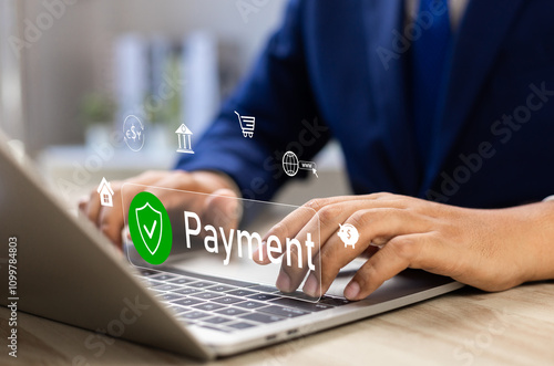 Digital Banking and Online Payment Concept. Man using laptop for transactions and online shopping, E-transaction and financial technology modern online shopping experience, Online purchase.