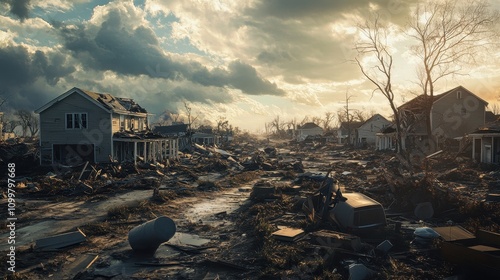 A desolate scene of a destroyed town with a few houses left standing