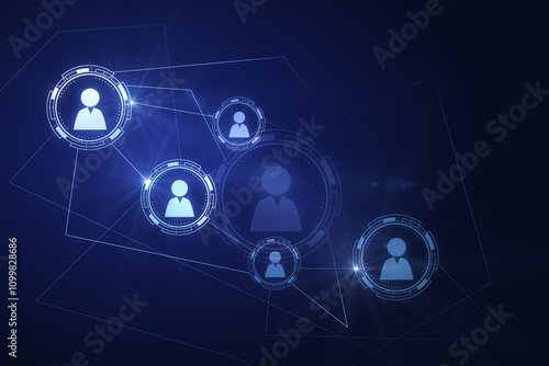 Global communication and social network concept with front view on white digital user symbols connected between each other on abstract dark background. 3D rendering