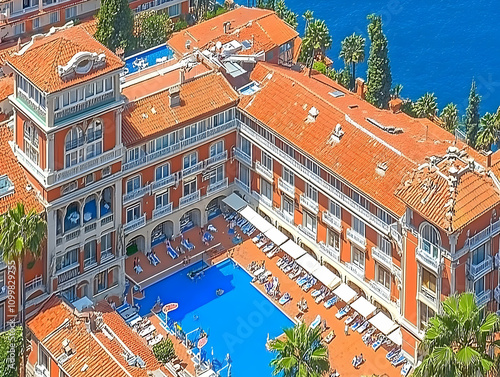 Aerial View of Luxury Hotel with Pool - Illustration