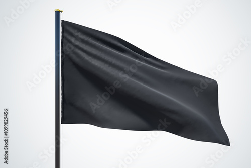 Blank black flag waving in the wind with copyspace for your logo or text isolated on light grey background. 3D rendering, mock up