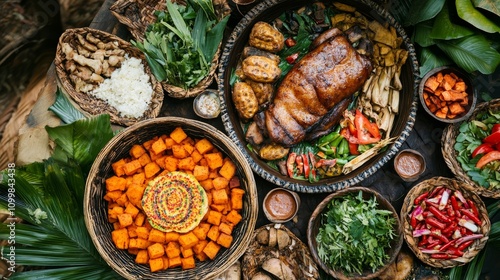 Top view of papua new guinean mumu feast with roasted pork outdoor setting food photography cultural experience