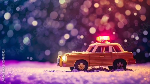 Wooden police car with flashing lights on purple snow background