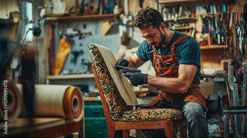 An upholsterer is working on an armchair in his workshop