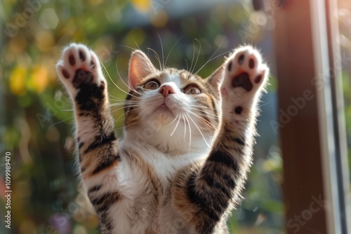 Adorable calico kitten playfully raises its paws, basking in sunlight.