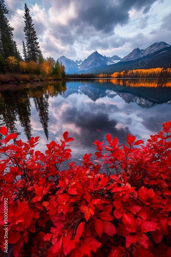 Red autumn leaves and fall mountain reflections at Herbert Lake, Banff National Park, Canadian Rockies