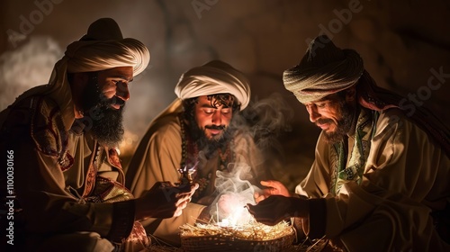 Three wise men bring gifts to baby Jesus in the night