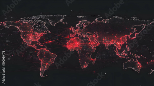 Global network connections visualized on a dark world map, highlighting major cities and intercontinental links with red glowing lines.