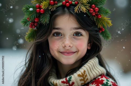 A beautiful dark-haired woman, in her hair she has an intricate nest of leaves and branches of fir, berries and leaves, and Christmas decorations. In her nest she has brightly colored garlands.