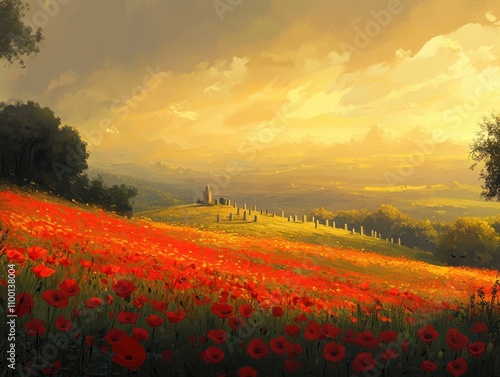 Stretching across undulating hills, a lively poppy field glimmers in the sunset, culminating at a tranquil cemetery bathed in warm golden hues.