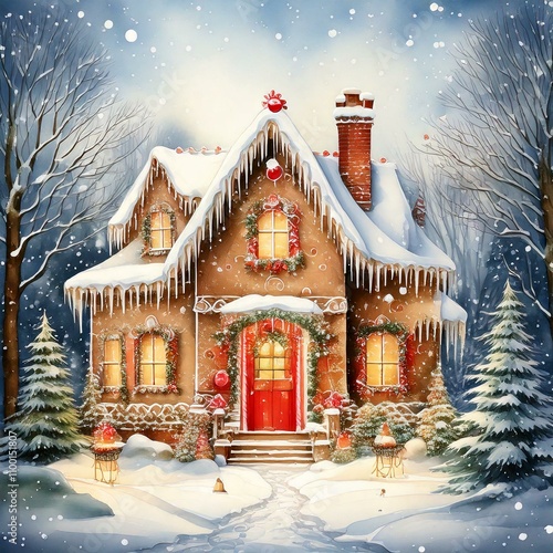 A rural, cozy cottage covered in snow, surrounded by Christmas trees. Christmas fairy-tale illustration