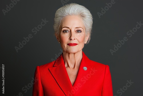 A stern elderly woman in a red jacket, set against a black background, embodies the concepts of electrophoresis, entropy, cyborg interface, biomimicry, and holomovement, showcasing her strength.