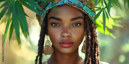 A Rastafarian woman representing Rasta culture with cannabis leaves.