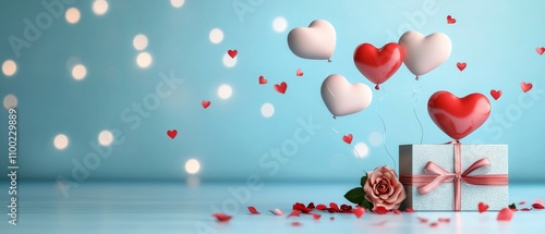 Celebration banner, heart balloons and gift boxes on blue background