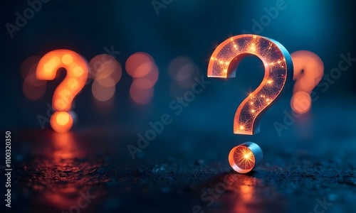 Golden question marks on a deep blue background