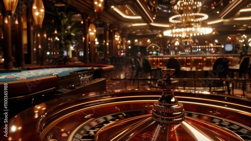 Luxury casino roulette wheel spinning with dynamic lighting angle