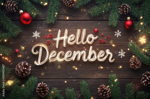 Christmas decorations with the text "Hello December" written on a wooden background, featuring a color theme of red and white Generative AI