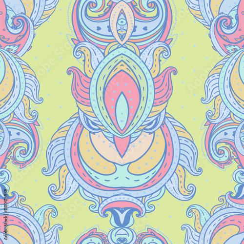 Floral paisley indian vector colorful ornate seamless pattern. Hand drawn design in ethnic Indian style. Mystic abstract background, hippie and boho texture. Occult and tribal fusion trippy wallpaper.