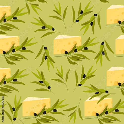 Seamless cheese pattern with olive branches on green background