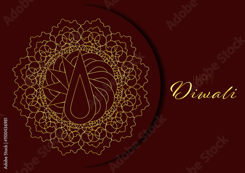 Vibrant Diwali Card with Detailed Golden Mandala and Diya Lamp on a Dark Maroon Background, Perfect for Festival Greetings