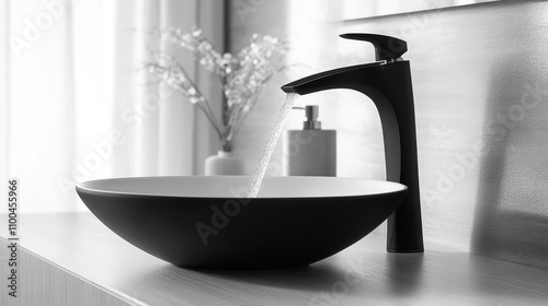 A modern bathroom showcases a matte black metal faucet that creates a striking contrast with the immaculate white sink, while water pours into the basin.