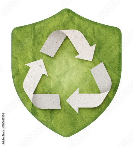 Recycling symbol on a green shield, highlighting sustainability, environmental protection, and eco-conscious initiatives.