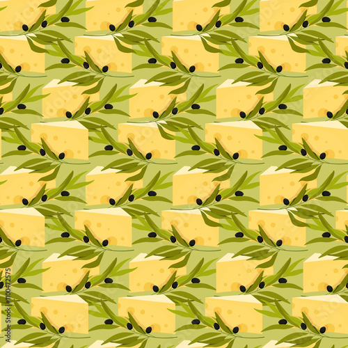 Seamless cheese pattern with olive leaves and olives