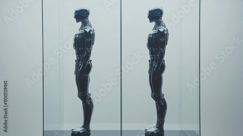 Mocap of conceptual cybernetic suits placed on a sleek glass stand