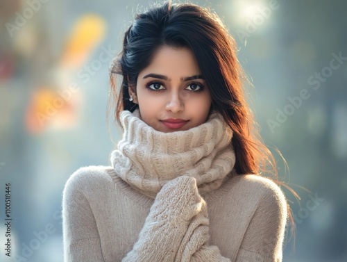 Attractive young Indian woman poses indoors. Wears warm sweater, looks directly at camera. Smiling, appears content. Winter style casual attire. Indoors shot. Happy expression. Trendy fashion look.