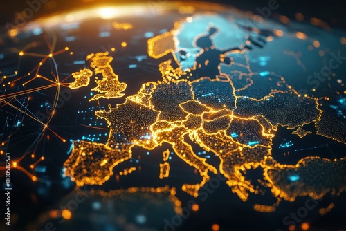 Abstract map of Western Europe, concept of European global network and connectivity, data transfer and cyber technology, information exchange and telecommunication 