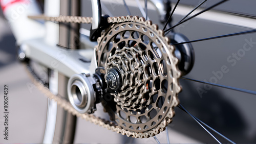 Detail of the bicycle rear derailleur cassette chain, close-up