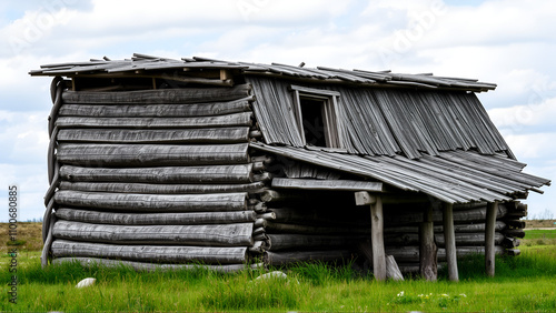 Old abandoned wooden bridge in the North of Siberia