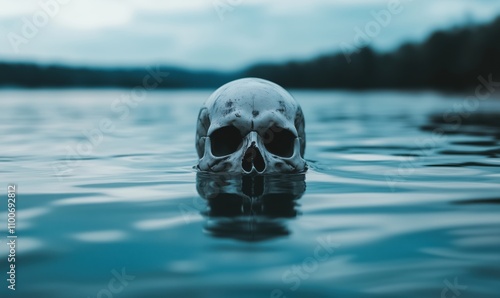 Skull floating on water surface, eerie atmosphere, tranquil lake, cloudy sky, reflections, dark tones