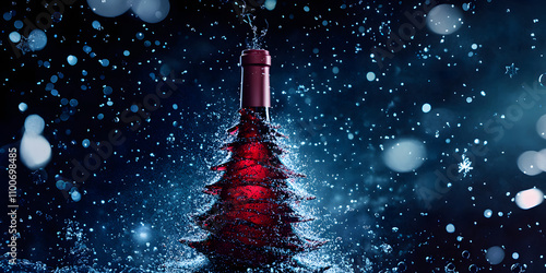 a wine bottle transformed into a Christmas tree. The bottle is wrapped in a spiral of red wine, creating the illusion of a tree trunk and branches. A golden star tops the bottle, adding a touch of hol