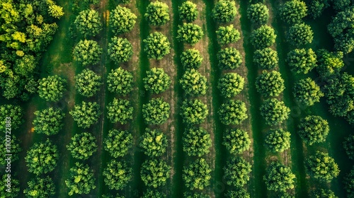 A wide view of an orchard featuring symmetrical rows of fruit trees in a lush rural landscape. 