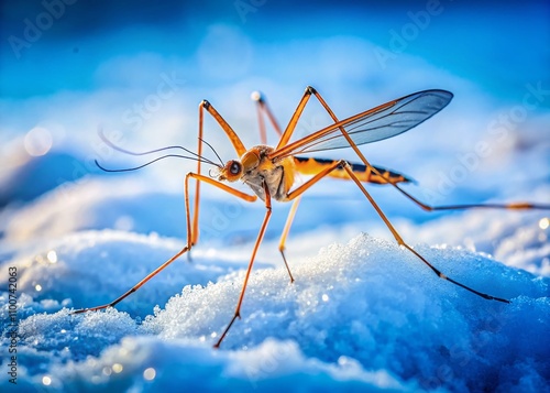 Rare Wingless Crane Fly Walking on Snow in Central European Mountains: A Stunning Example of Nival Fauna in Wintertime, Showcasing Nature's Unique Insect Species