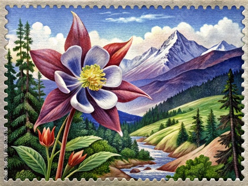 Vintage Postage Stamp from 1977 Featuring Columbine Flower and Majestic Rocky Mountains in the USA - A Beautiful Tribute to Nature and Postal History